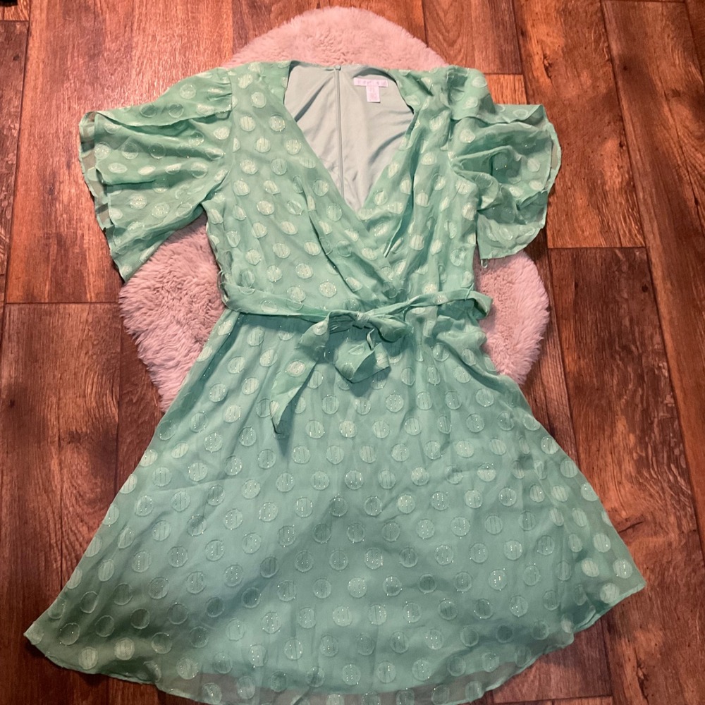 London‎ Times Dress Size 12 Flutter Short Sleeve Tie Waist Polka Dot Metallic